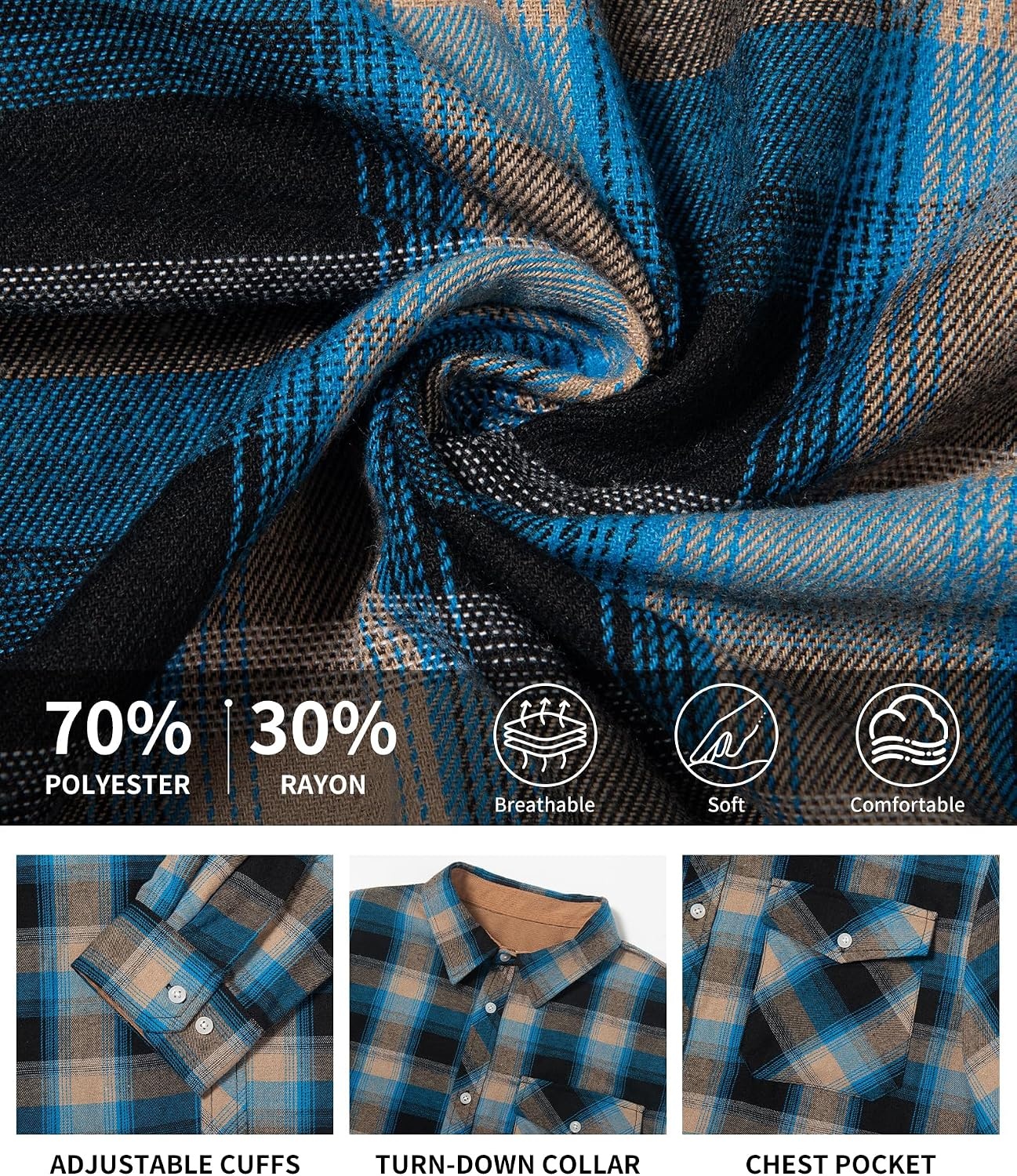 image:imageZITY Mens Flannel Shirt Plaid Button Down Shirts Long Sleeve CasualBlue Brown