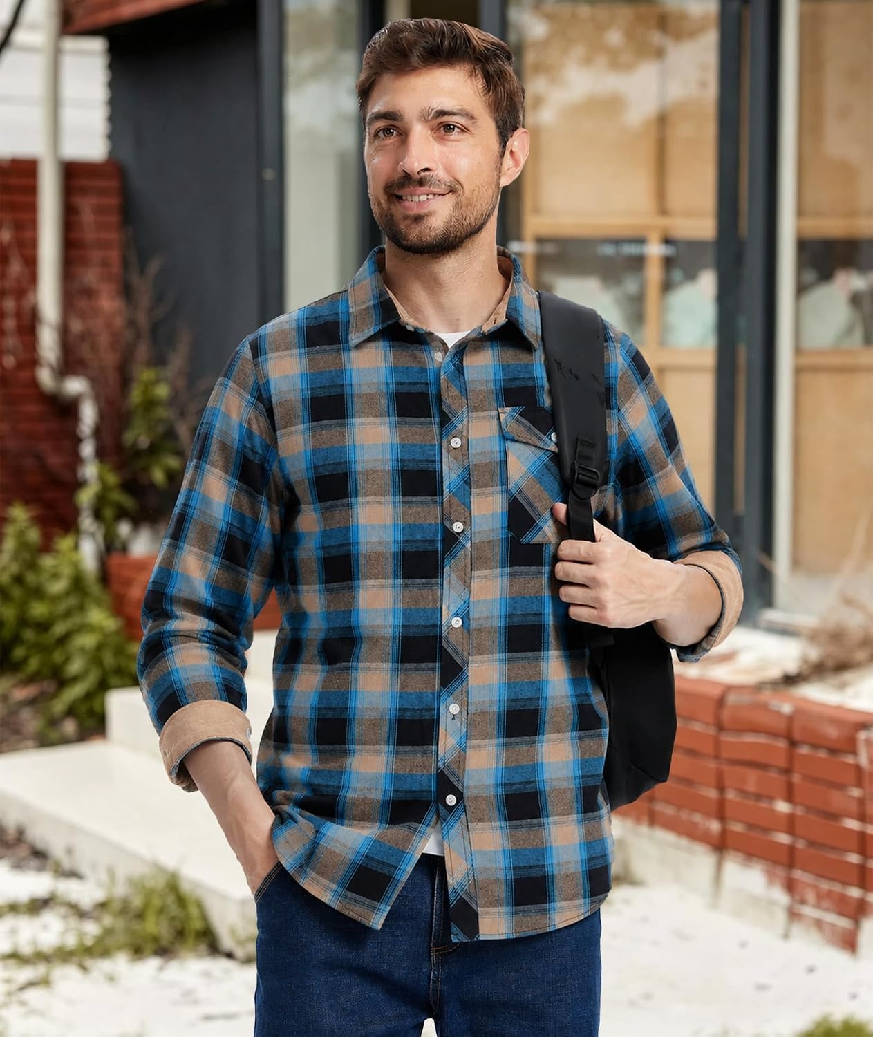 image:imageZITY Mens Flannel Shirt Plaid Button Down Shirts Long Sleeve CasualBlue Brown