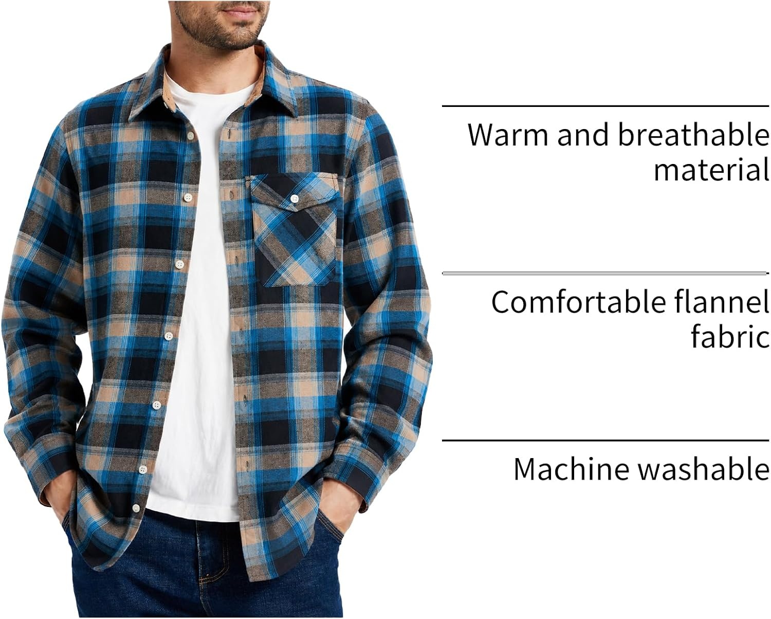 image:imageZITY Mens Flannel Shirt Plaid Button Down Shirts Long Sleeve CasualBlue Brown