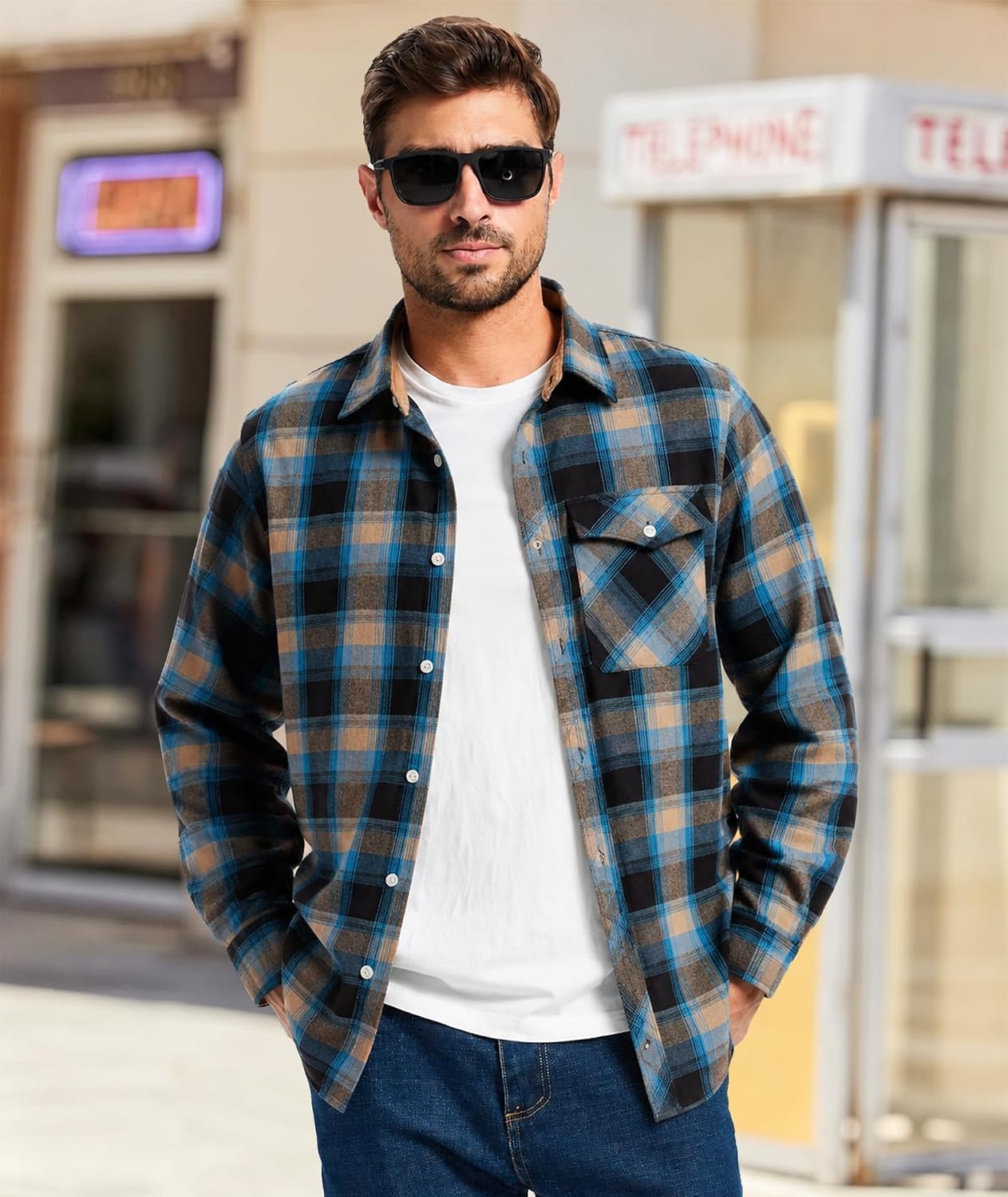image:imageZITY Mens Flannel Shirt Plaid Button Down Shirts Long Sleeve CasualBlue Brown