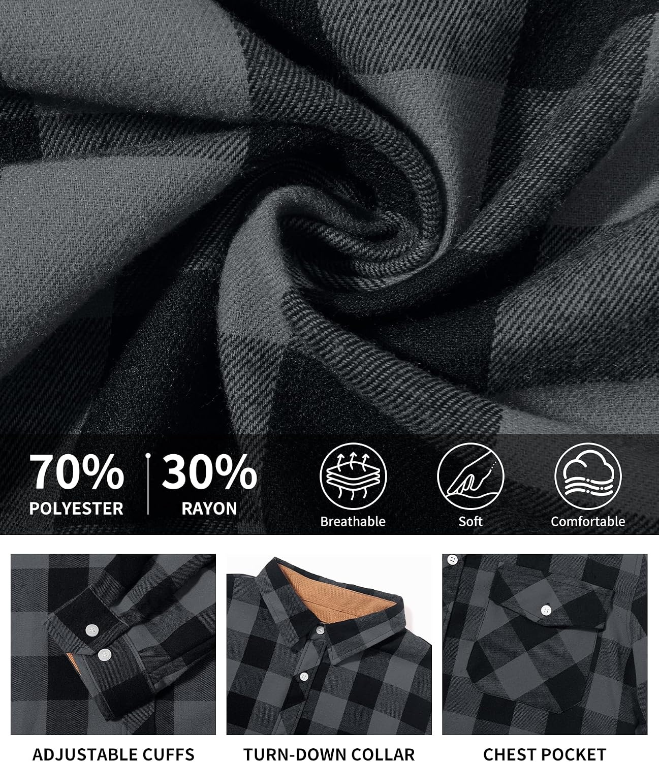 image:imageZITY Mens Flannel Shirt Plaid Button Down Shirts Long Sleeve CasualDark Gray