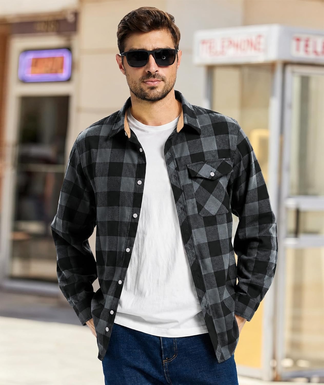 image:imageZITY Mens Flannel Shirt Plaid Button Down Shirts Long Sleeve CasualDark Gray