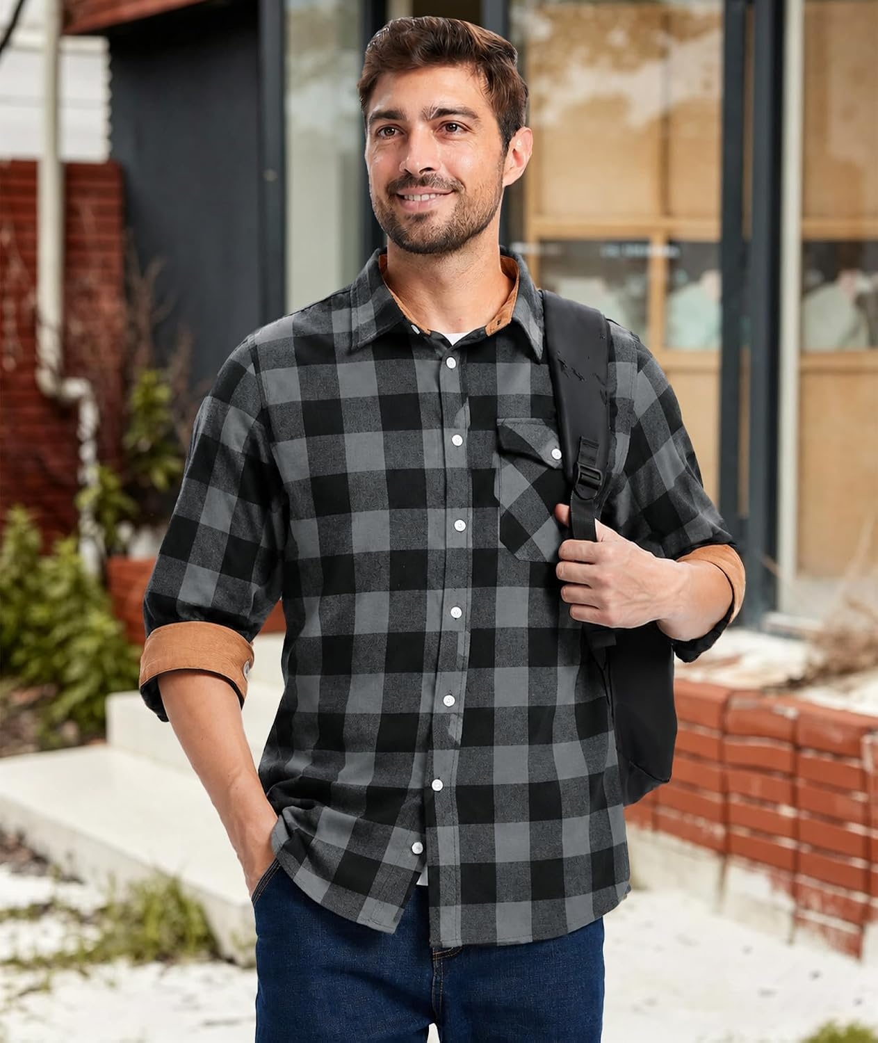 image:imageZITY Mens Flannel Shirt Plaid Button Down Shirts Long Sleeve CasualDark Gray