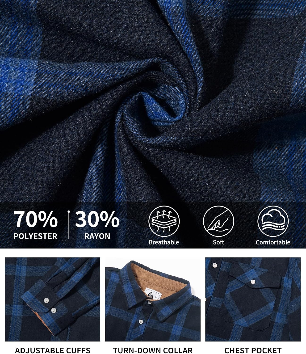 image:imageZITY Mens Flannel Shirt Plaid Button Down Shirts Long Sleeve CasualNavy Blue