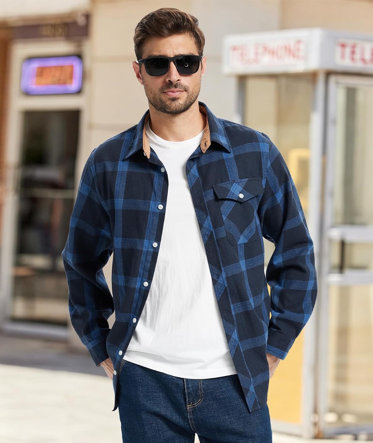 image:imageZITY Mens Flannel Shirt Plaid Button Down Shirts Long Sleeve CasualNavy Blue