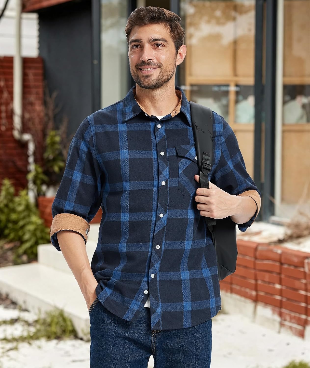 image:imageZITY Mens Flannel Shirt Plaid Button Down Shirts Long Sleeve CasualNavy Blue