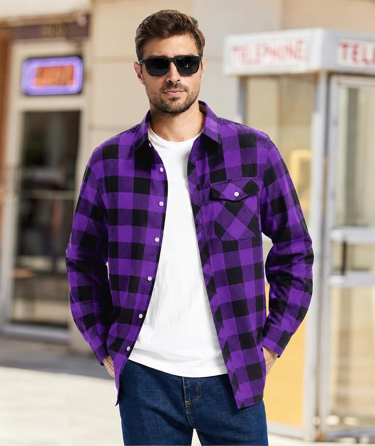 image:imageZITY Mens Flannel Shirt Plaid Button Down Shirts Long Sleeve CasualPurple
