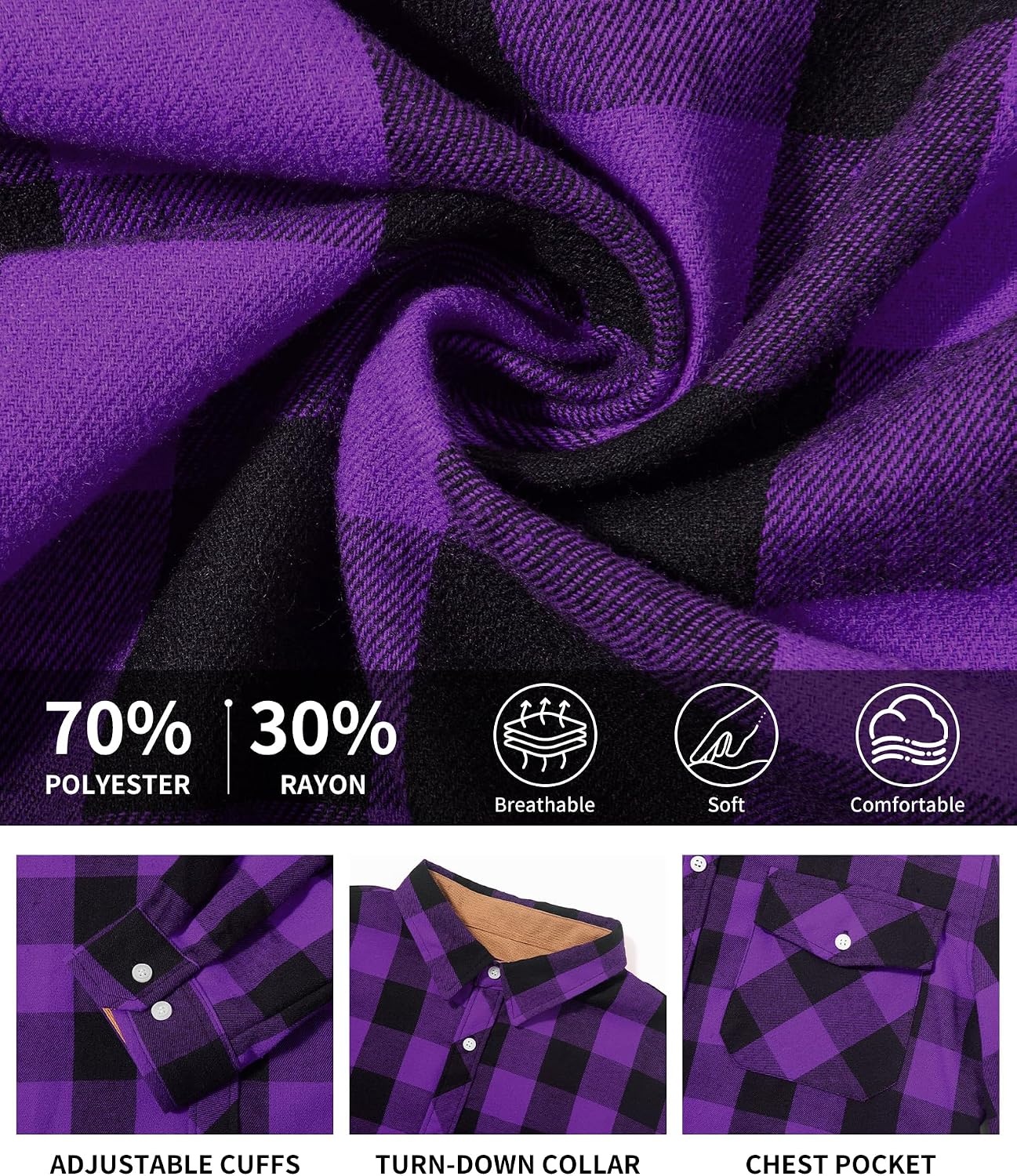 image:imageZITY Mens Flannel Shirt Plaid Button Down Shirts Long Sleeve CasualPurple