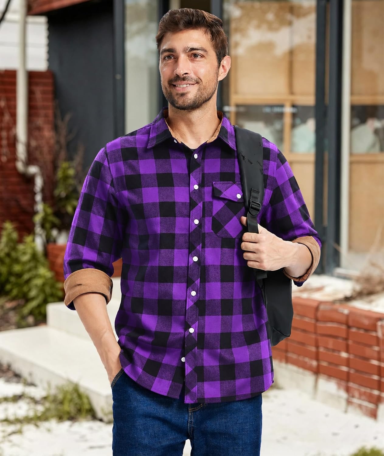 image:imageZITY Mens Flannel Shirt Plaid Button Down Shirts Long Sleeve CasualPurple
