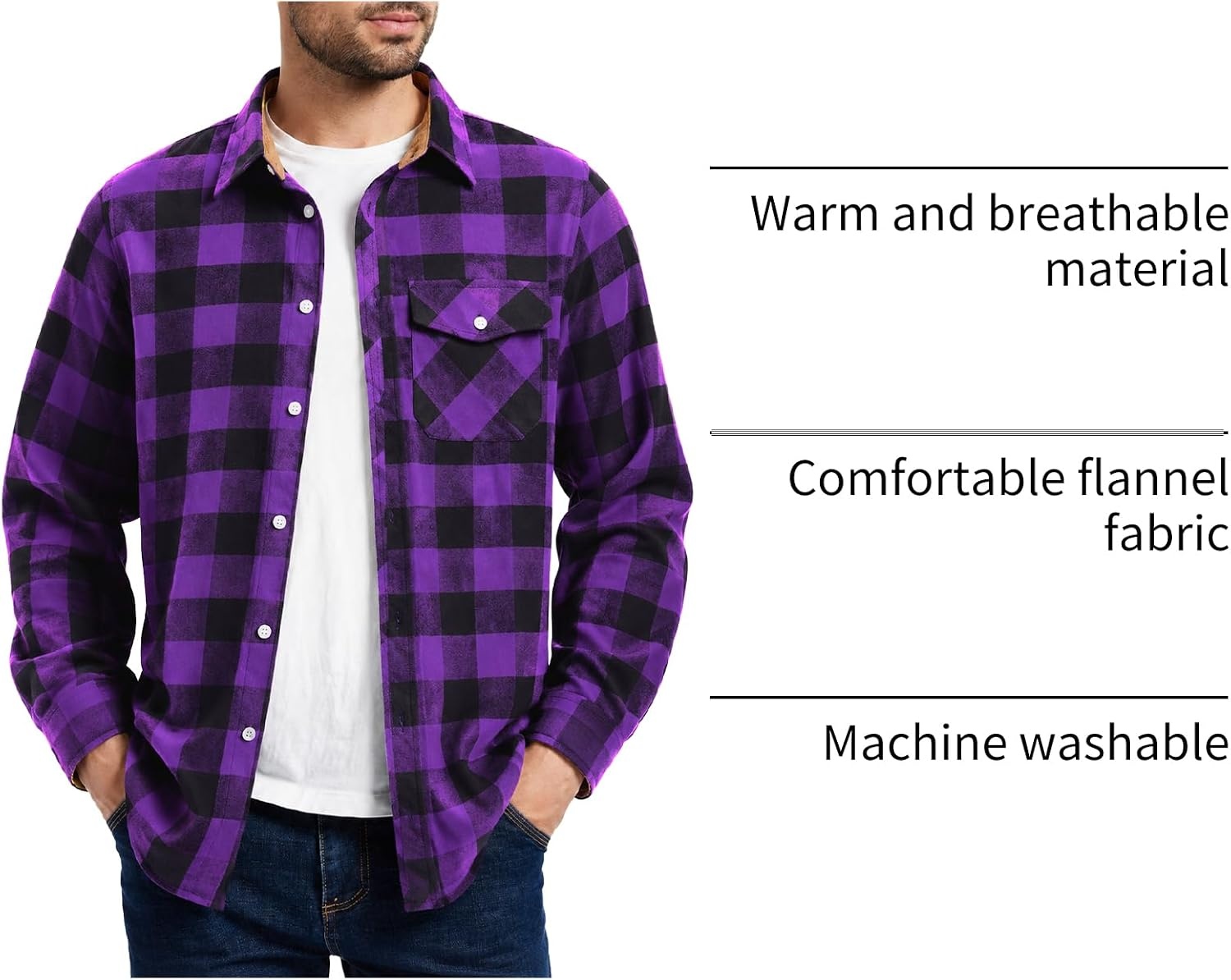image:imageZITY Mens Flannel Shirt Plaid Button Down Shirts Long Sleeve CasualPurple