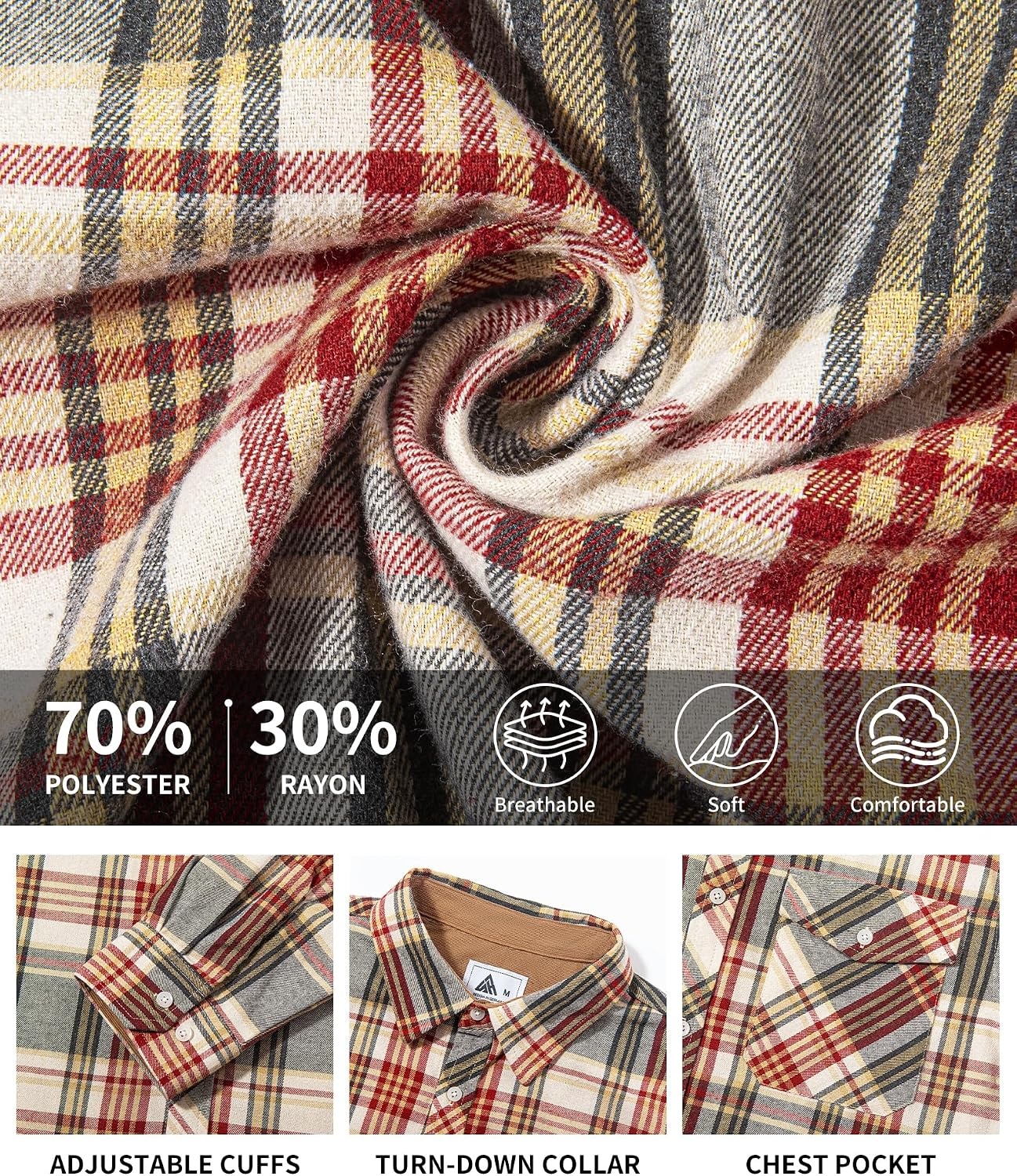 image:imageZITY Mens Flannel Shirt Plaid Button Down Shirts Long Sleeve CasualWine Red Rice