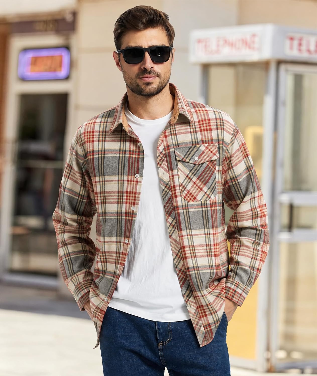 image:imageZITY Mens Flannel Shirt Plaid Button Down Shirts Long Sleeve CasualWine Red Rice
