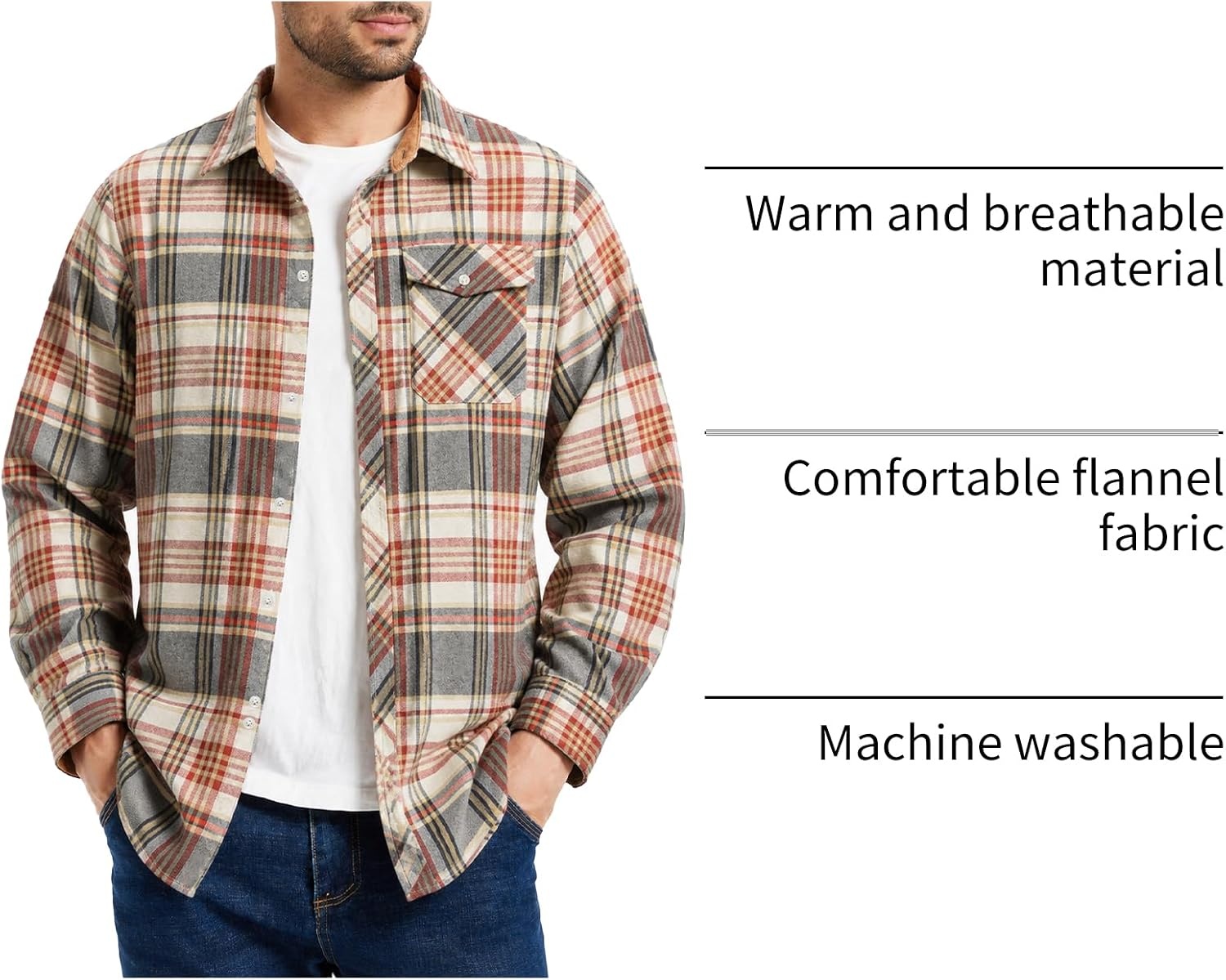 image:imageZITY Mens Flannel Shirt Plaid Button Down Shirts Long Sleeve CasualWine Red Rice