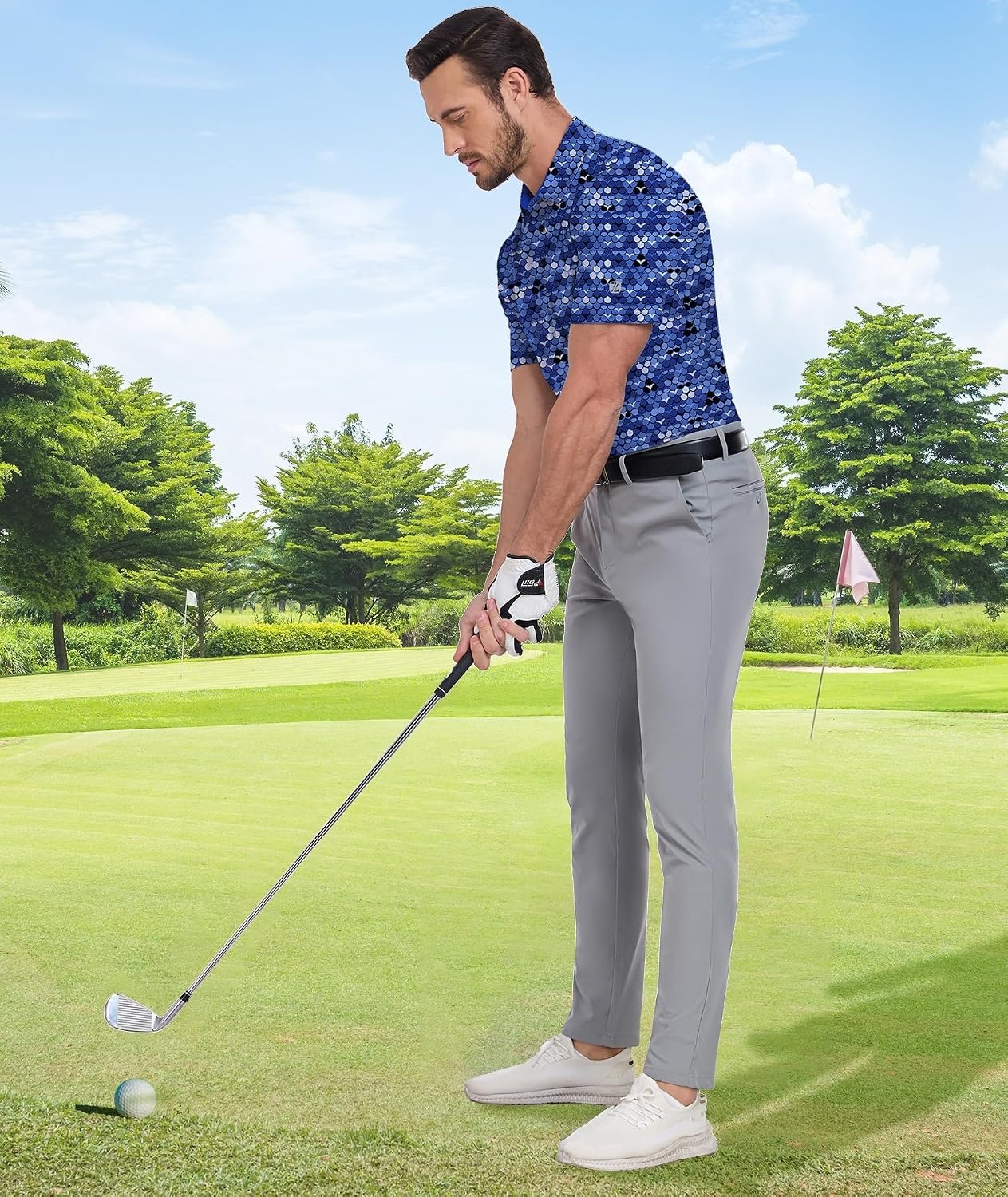 image:imageZITY Mens Golf Shirt Short Sleeve UPF 50 Athletic Casual Collared PoloDeep Blue Light Grey