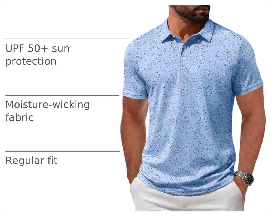 image:imageZITY Mens Golf Shirt Short Sleeve UPF 50 Athletic Casual Collared PoloLight Blue Dots