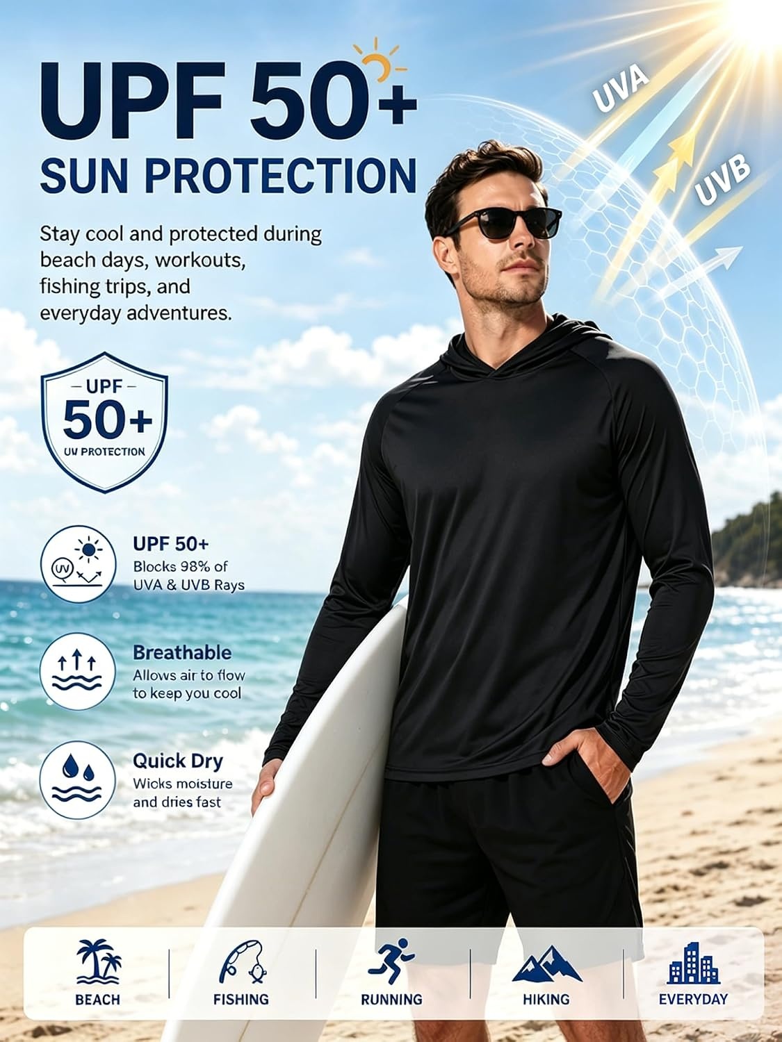 image:imageZITY Mens Lightweight Pullover Hoodie UPF 50 Fishing Shirts Sweatshirt15pcs Black