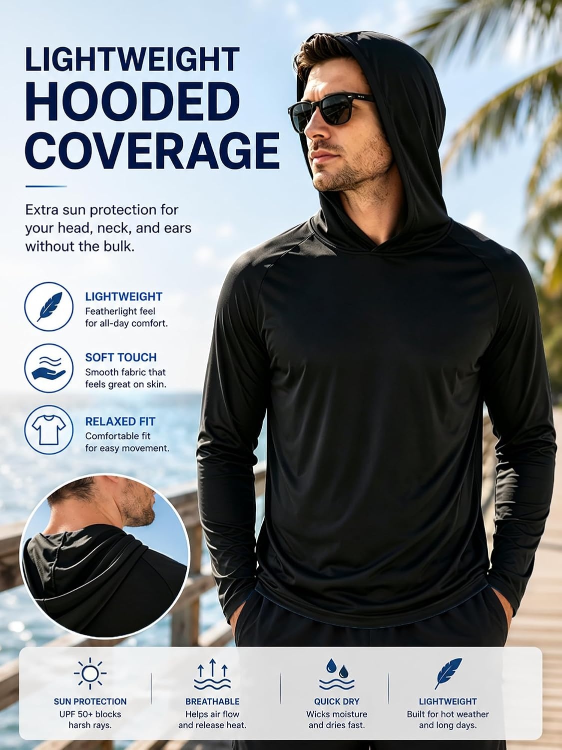 image:imageZITY Mens Lightweight Pullover Hoodie UPF 50 Fishing Shirts Sweatshirt3pcs Black