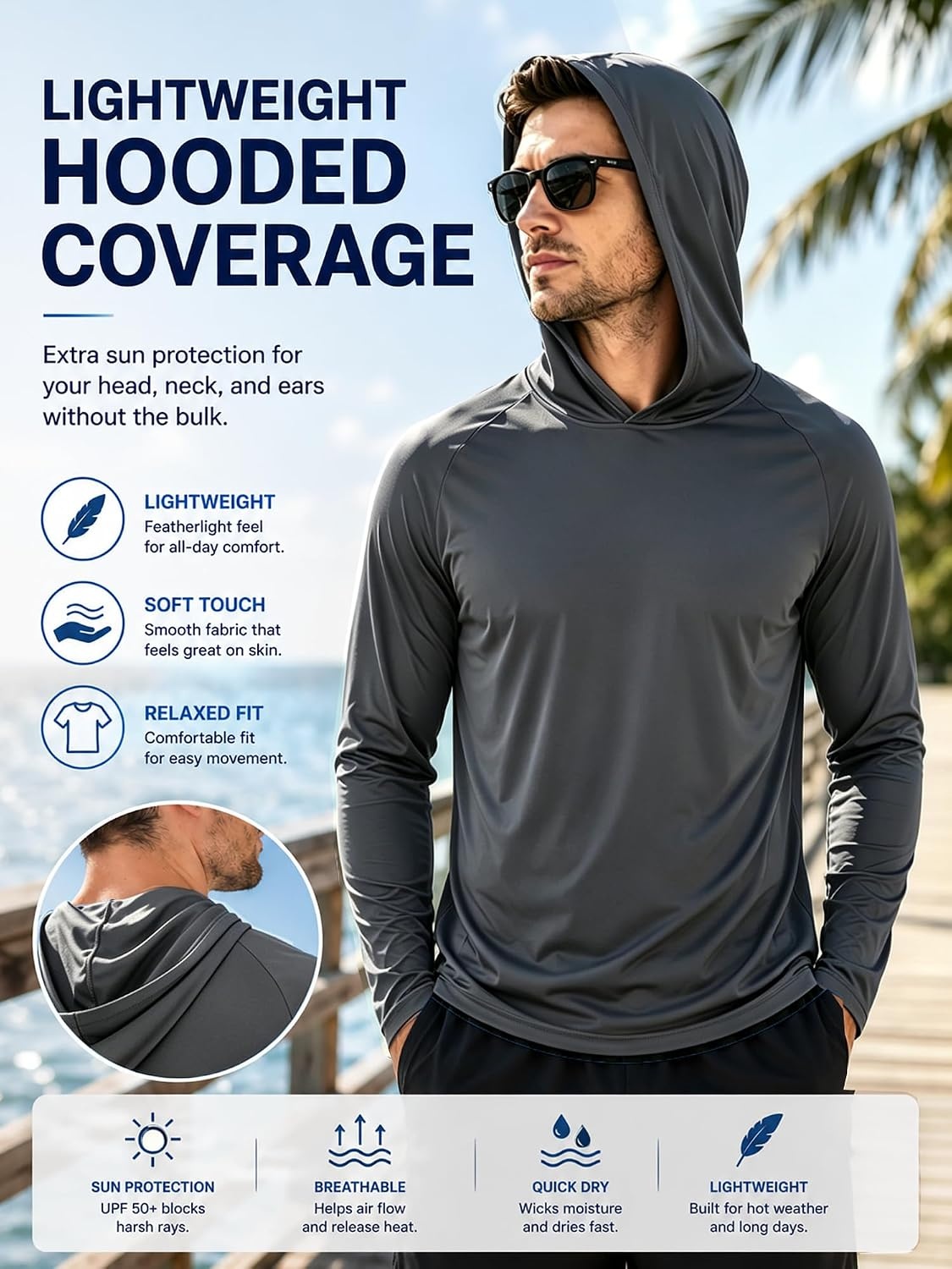image:imageZITY Mens Lightweight Pullover Hoodie UPF 50 Fishing Shirts Sweatshirt3pcs Dark Grey