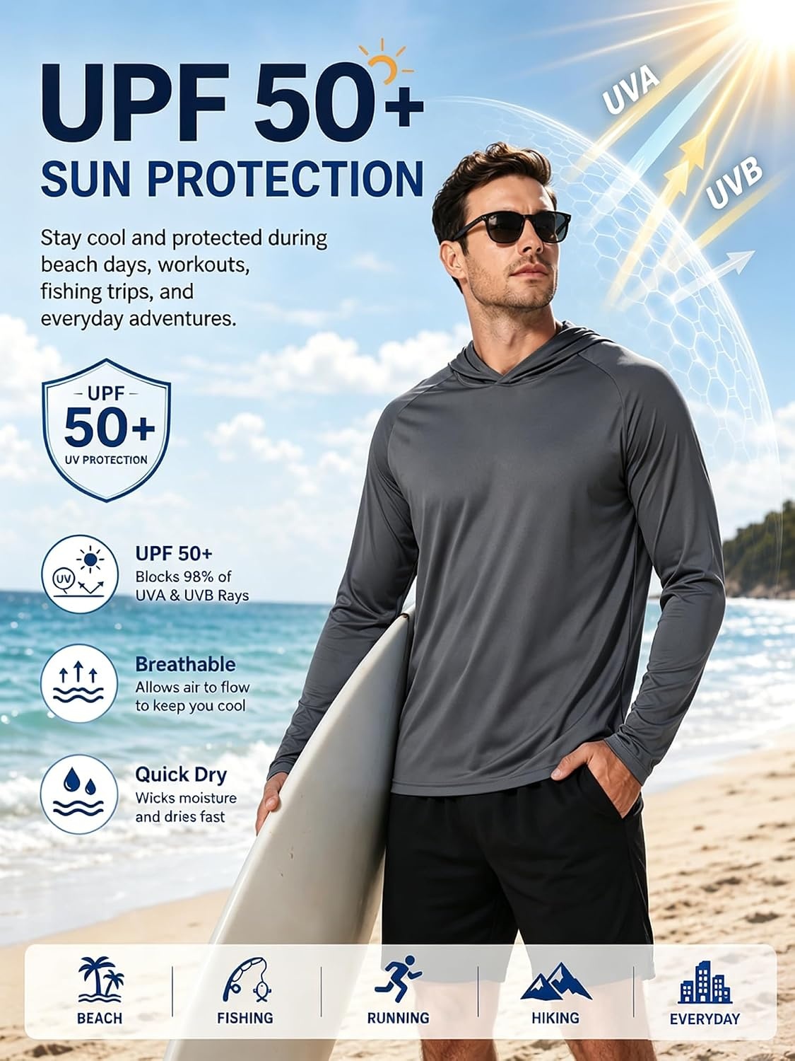 image:imageZITY Mens Lightweight Pullover Hoodie UPF 50 Fishing Shirts Sweatshirt3pcs Dark Grey
