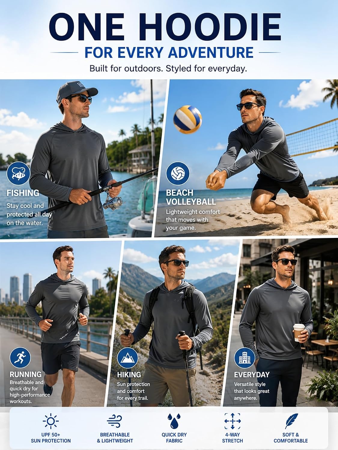 image:imageZITY Mens Lightweight Pullover Hoodie UPF 50 Fishing Shirts Sweatshirt3pcs Dark Grey
