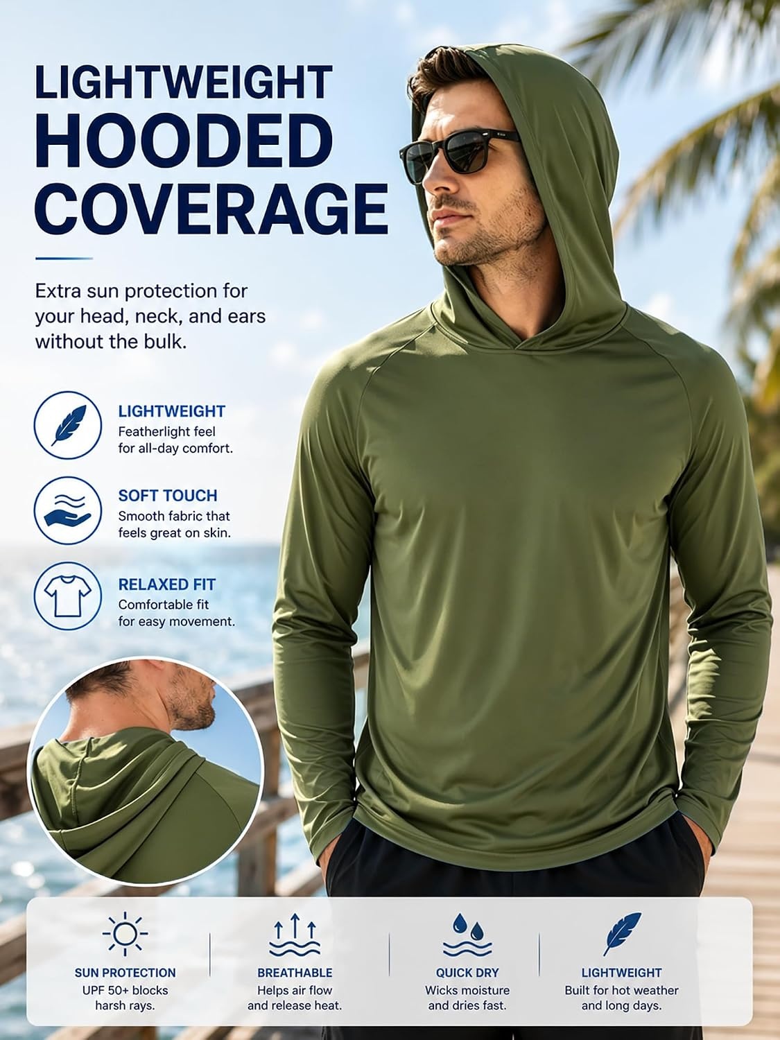image:imageZITY Mens Lightweight Pullover Hoodie UPF 50 Fishing Shirts Sweatshirt3pcs Olive Night