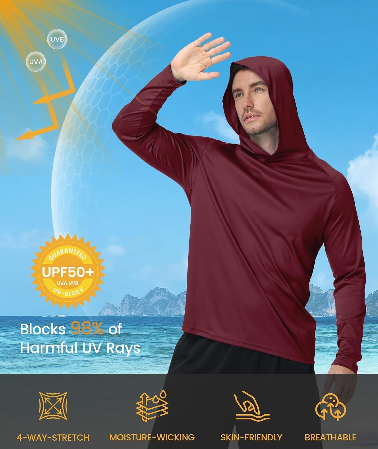 image:imageZITY Mens Lightweight Pullover Sweatshirt Hoodie UPF 50 Fishing Shirts3 Packburgundy Olive Night Dark Gray