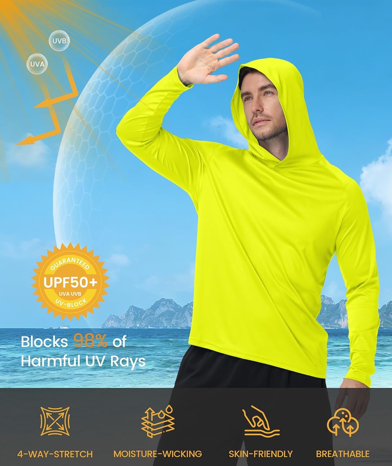 image:imageZITY Mens Lightweight Pullover Sweatshirt Hoodie UPF 50 Fishing Shirts3 Packfluorescent Yellow Fluorescent Orange Dark Gray