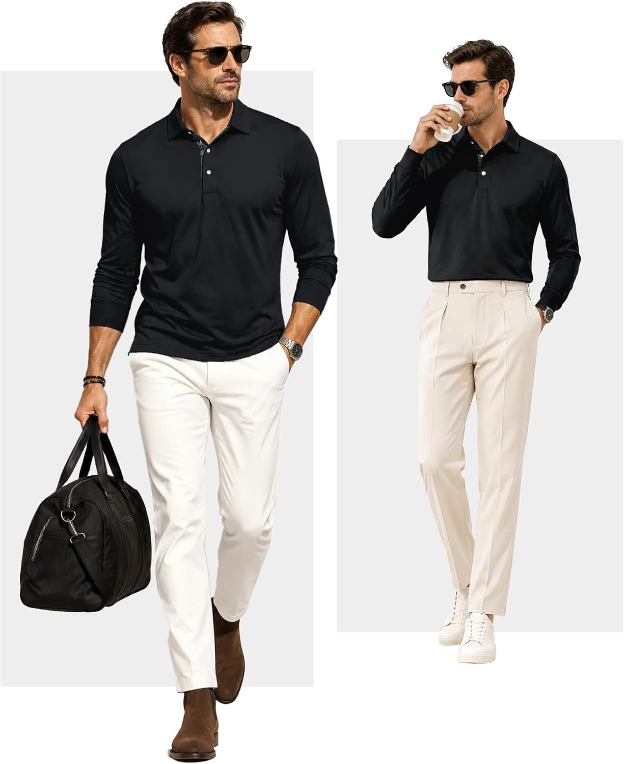 image:imageZITY Mens Long Sleeve Golf Shirts Performance Print Collared Polo ShirtBlack
