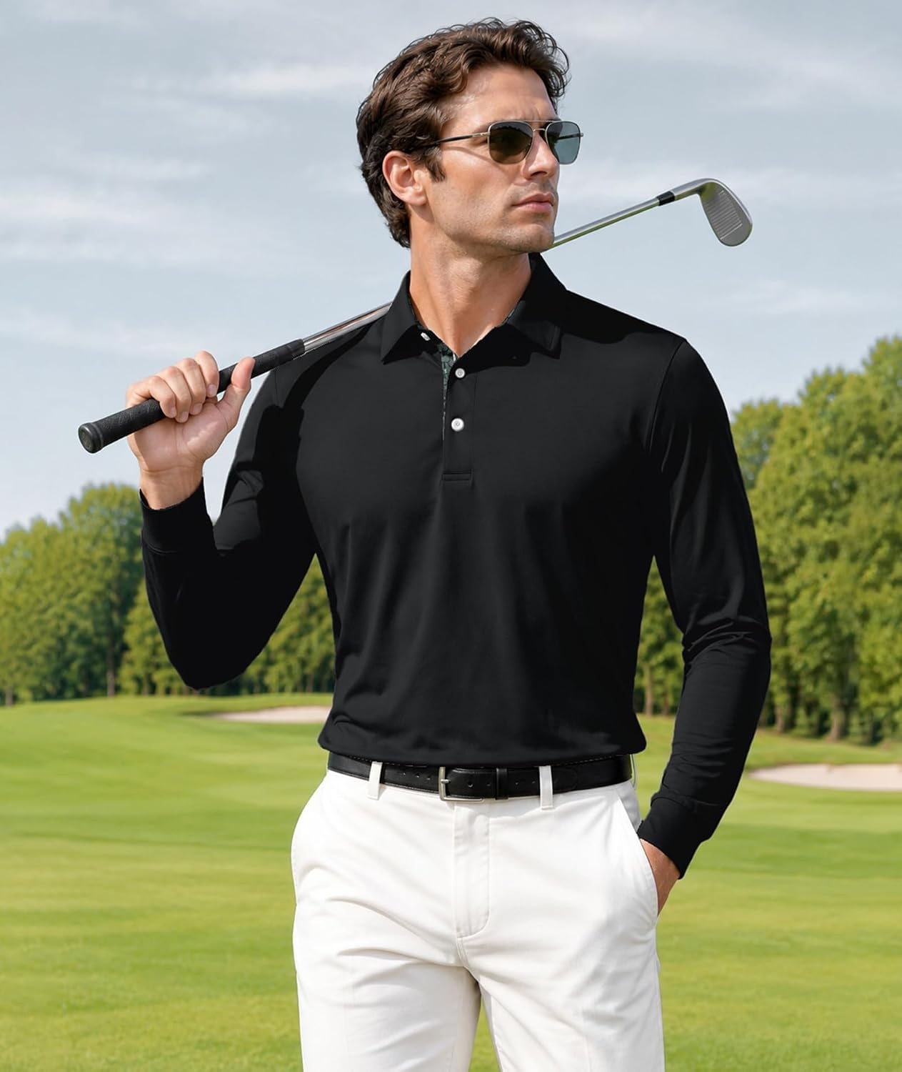 image:imageZITY Mens Long Sleeve Golf Shirts Performance Print Collared Polo ShirtBlack