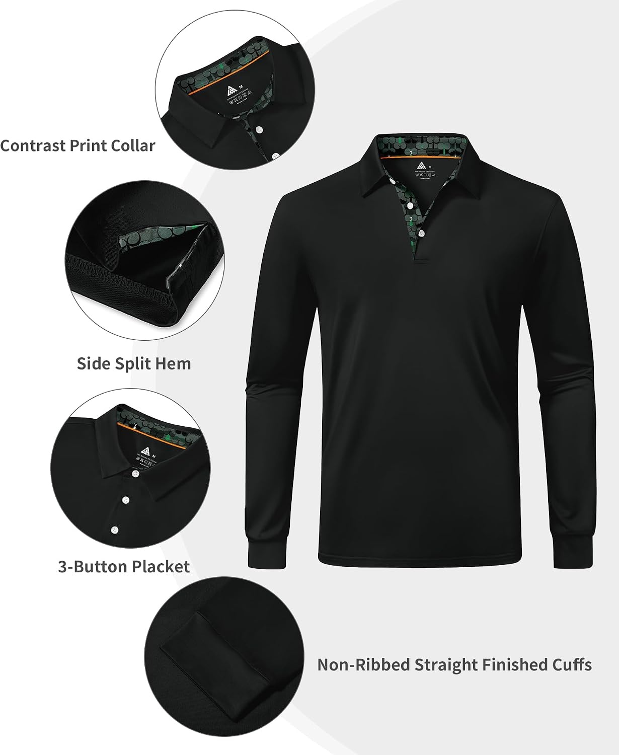 image:imageZITY Mens Long Sleeve Golf Shirts Performance Print Collared Polo ShirtBlack