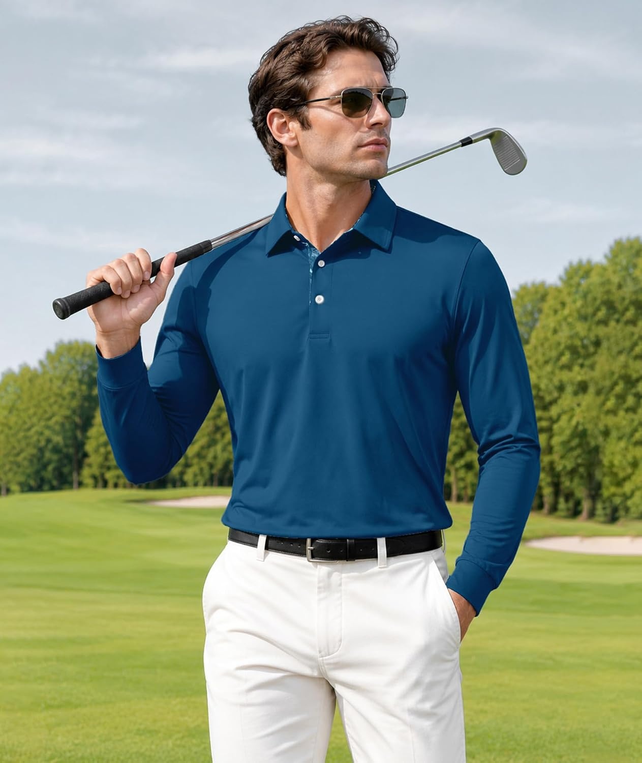 image:imageZITY Mens Long Sleeve Golf Shirts Performance Print Collared Polo ShirtBlue