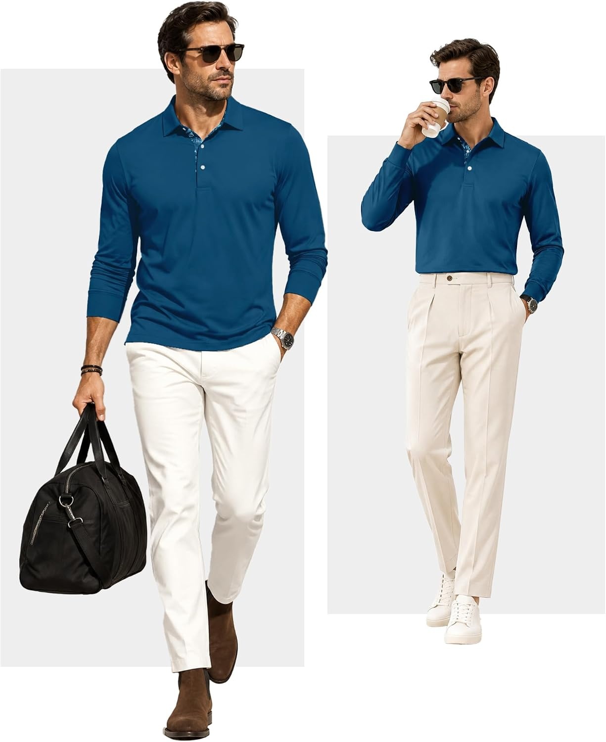 image:imageZITY Mens Long Sleeve Golf Shirts Performance Print Collared Polo ShirtBlue