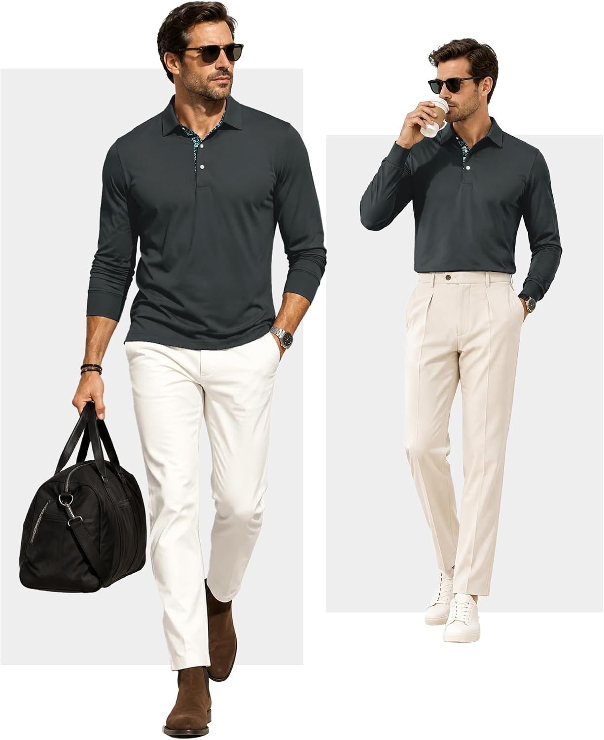 image:imageZITY Mens Long Sleeve Golf Shirts Performance Print Collared Polo ShirtDark Grey