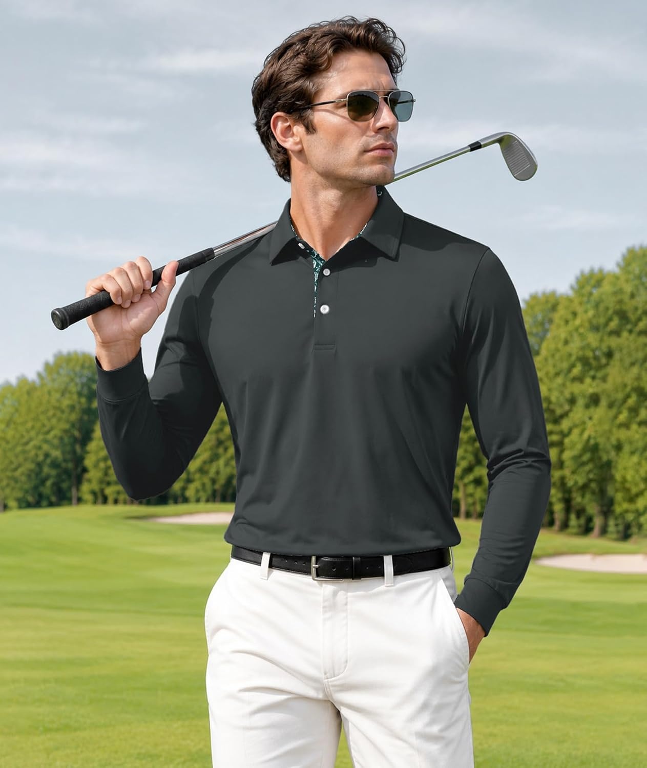 image:imageZITY Mens Long Sleeve Golf Shirts Performance Print Collared Polo ShirtDark Grey