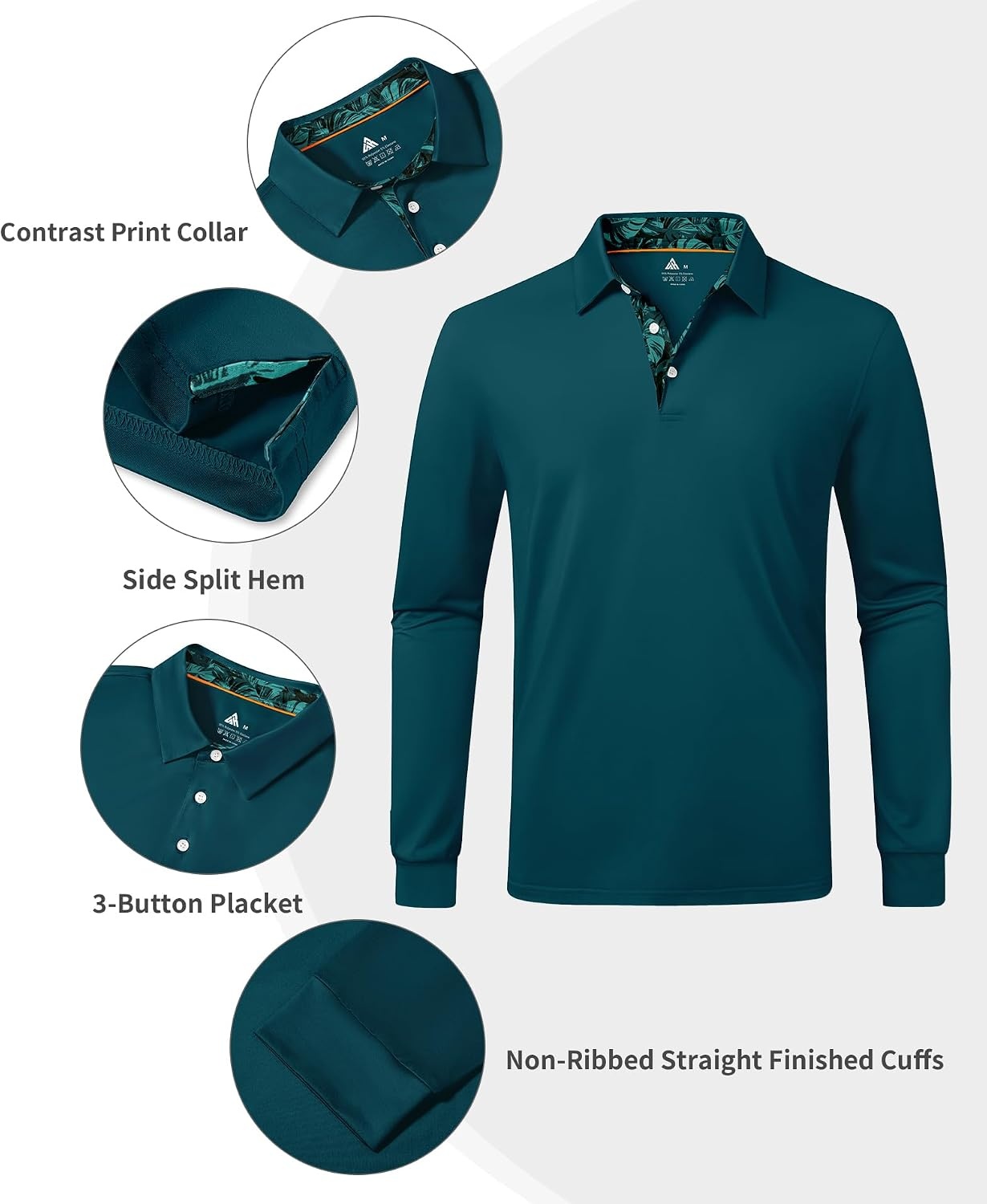 image:imageZITY Mens Long Sleeve Golf Shirts Performance Print Collared Polo ShirtDark Teal Blue
