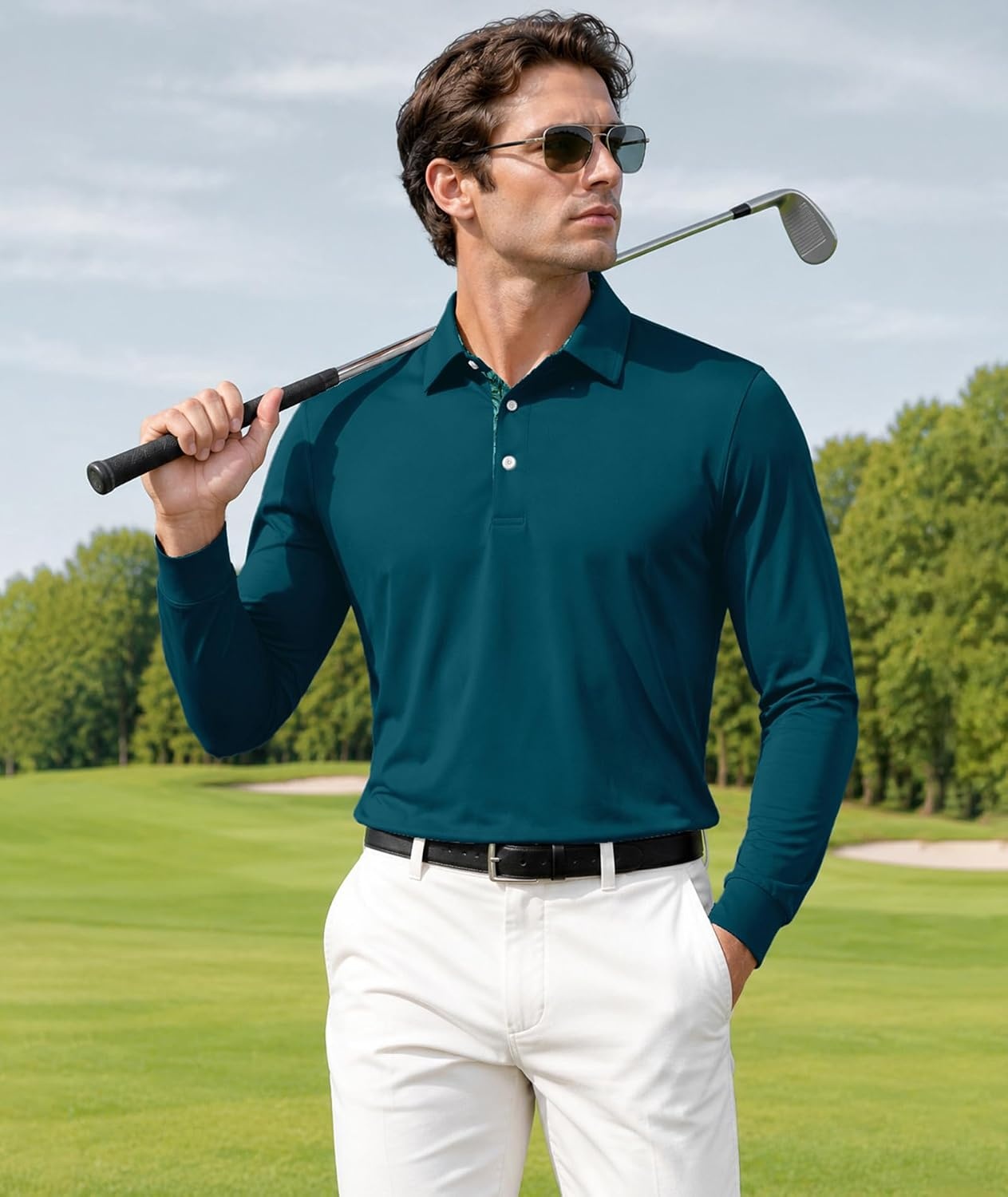 image:imageZITY Mens Long Sleeve Golf Shirts Performance Print Collared Polo ShirtDark Teal Blue