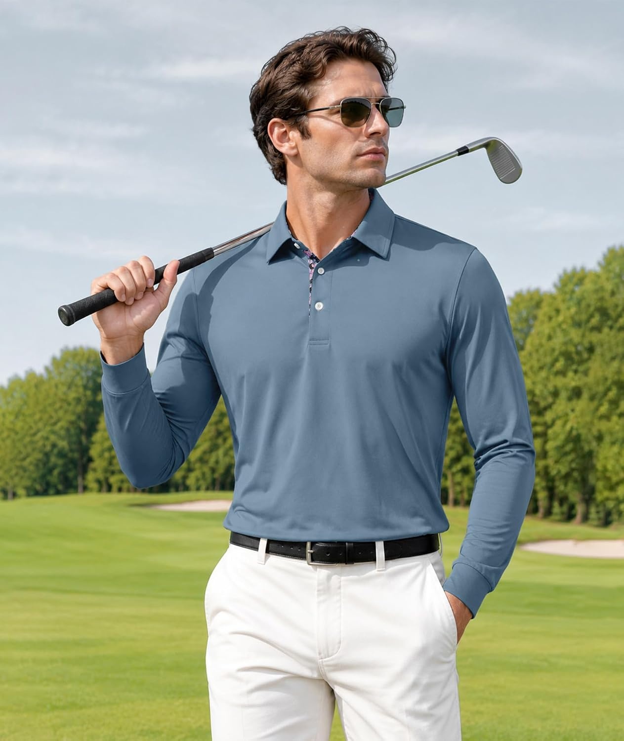 image:imageZITY Mens Long Sleeve Golf Shirts Performance Print Collared Polo ShirtHaze Blue