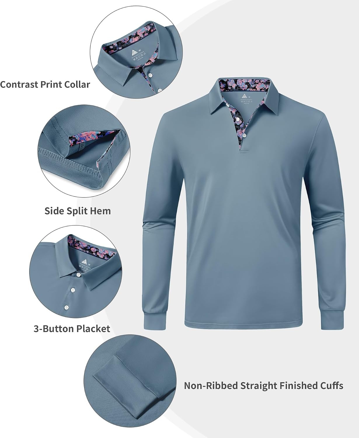 image:imageZITY Mens Long Sleeve Golf Shirts Performance Print Collared Polo ShirtHaze Blue