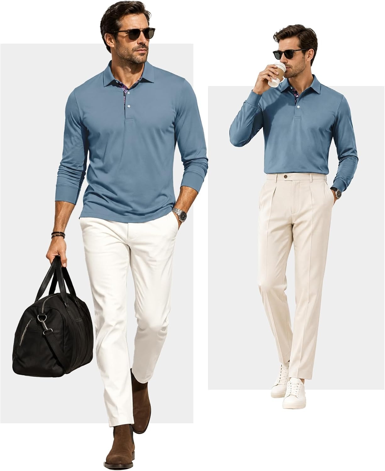 image:imageZITY Mens Long Sleeve Golf Shirts Performance Print Collared Polo ShirtHaze Blue