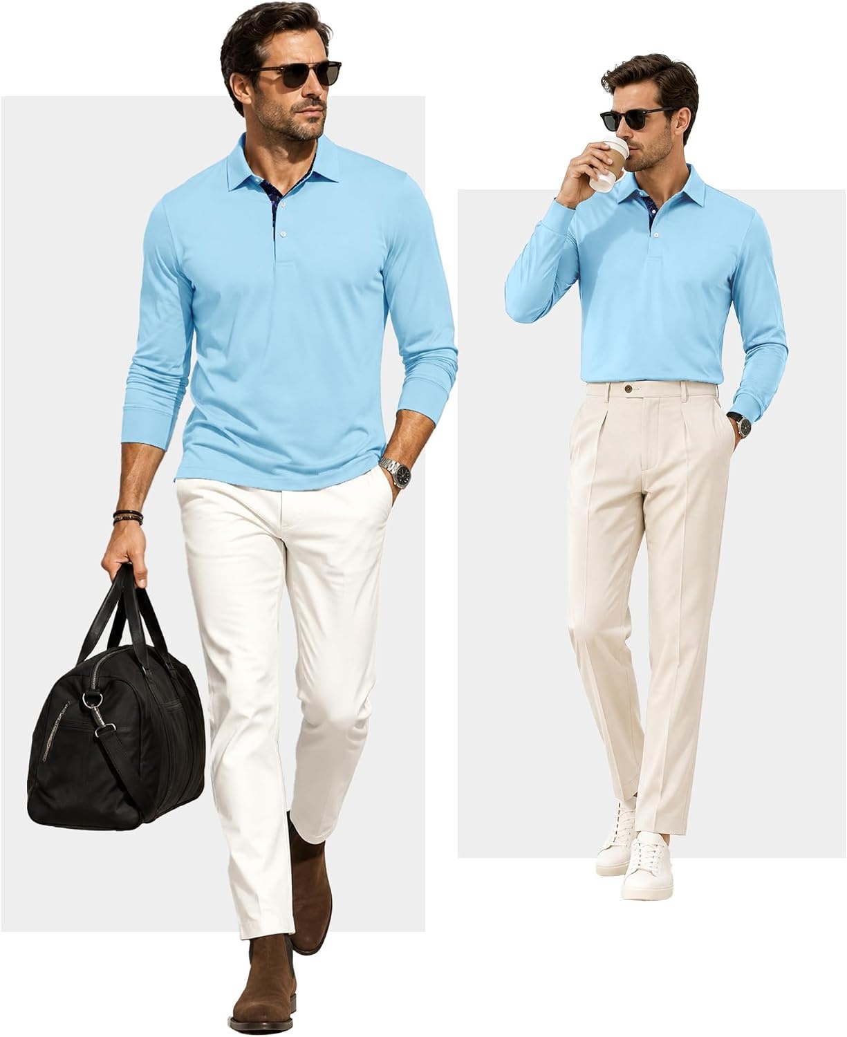 image:imageZITY Mens Long Sleeve Golf Shirts Performance Print Collared Polo ShirtLight Blue