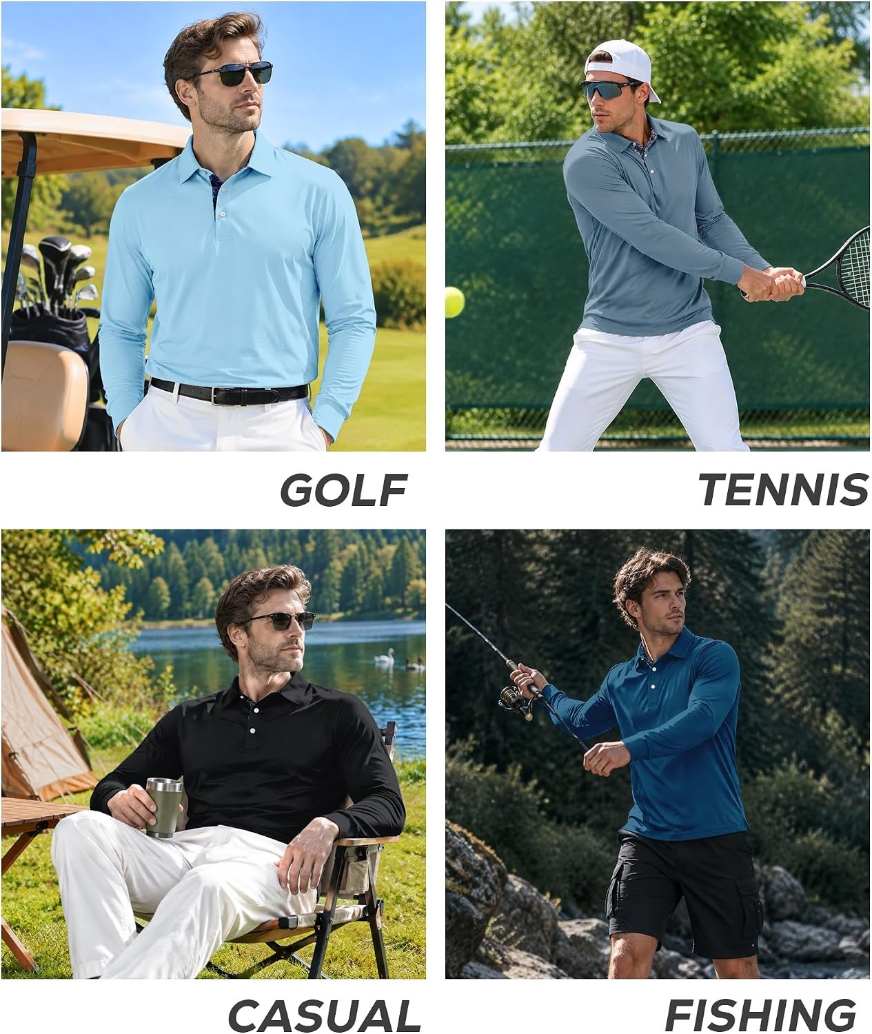 image:imageZITY Mens Long Sleeve Golf Shirts Performance Print Collared Polo ShirtLight Blue