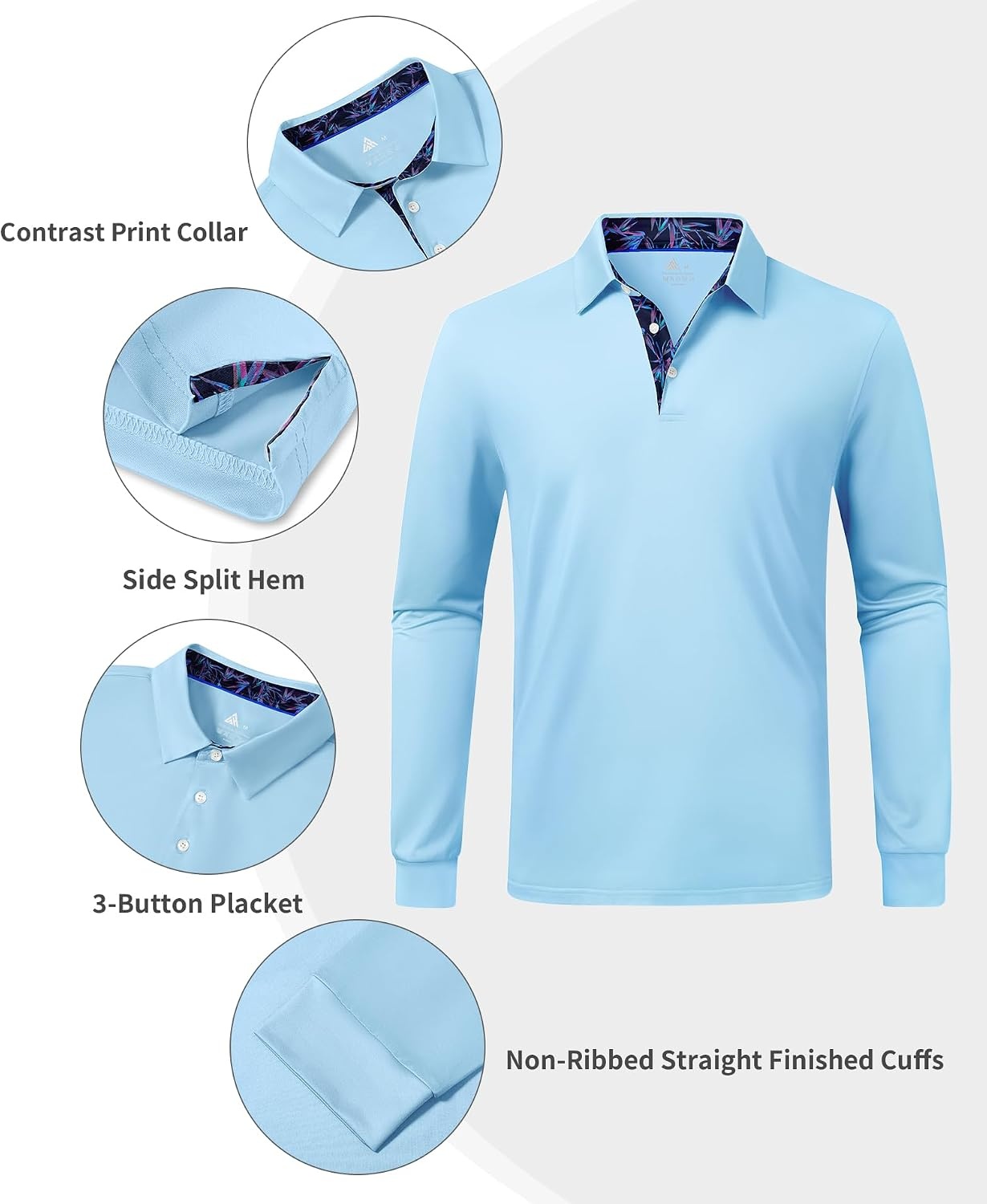 image:imageZITY Mens Long Sleeve Golf Shirts Performance Print Collared Polo ShirtLight Blue