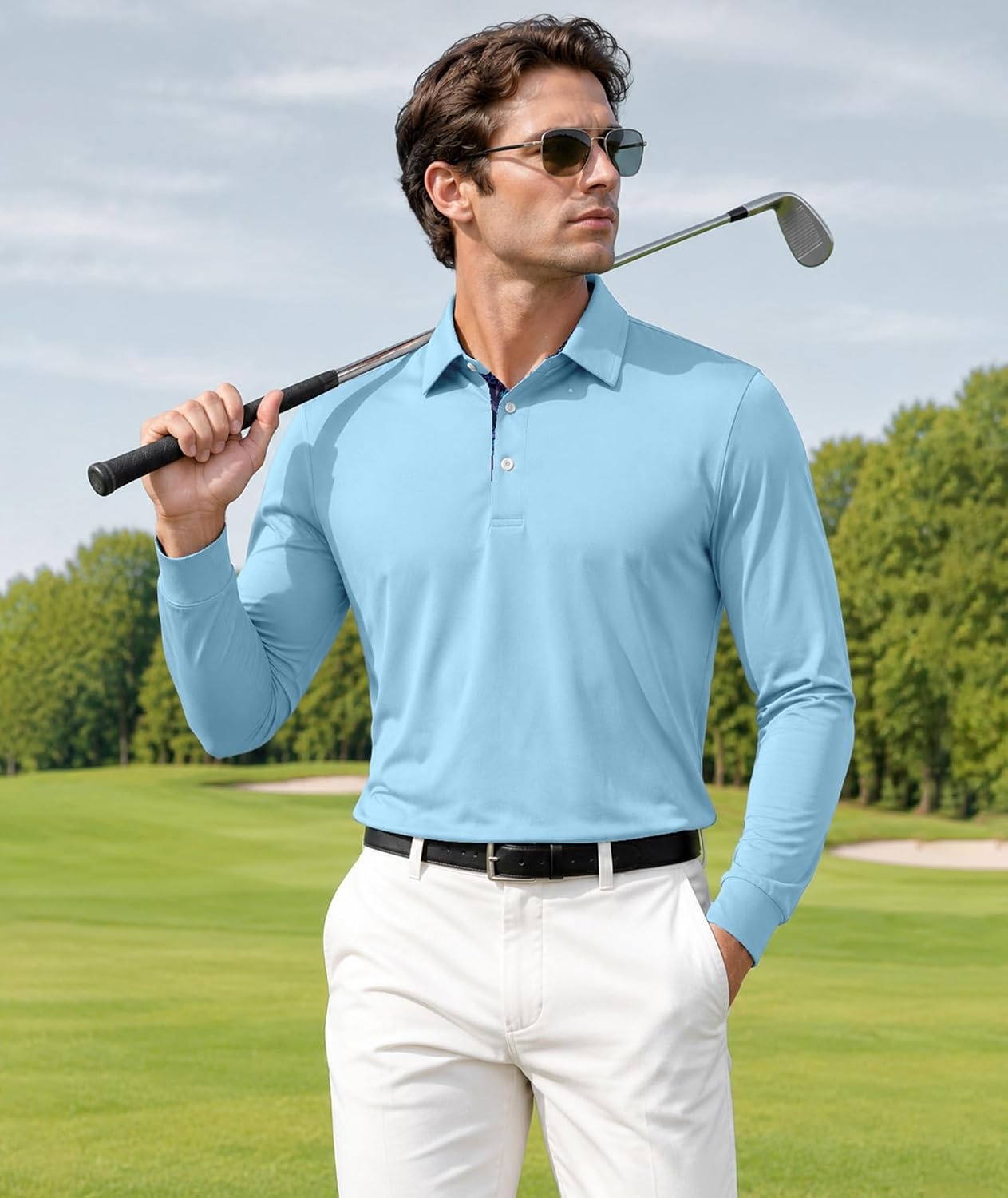image:imageZITY Mens Long Sleeve Golf Shirts Performance Print Collared Polo ShirtLight Blue