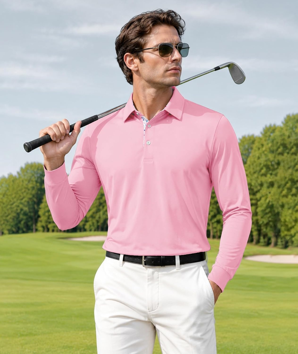 image:imageZITY Mens Long Sleeve Golf Shirts Performance Print Collared Polo ShirtLight Pink