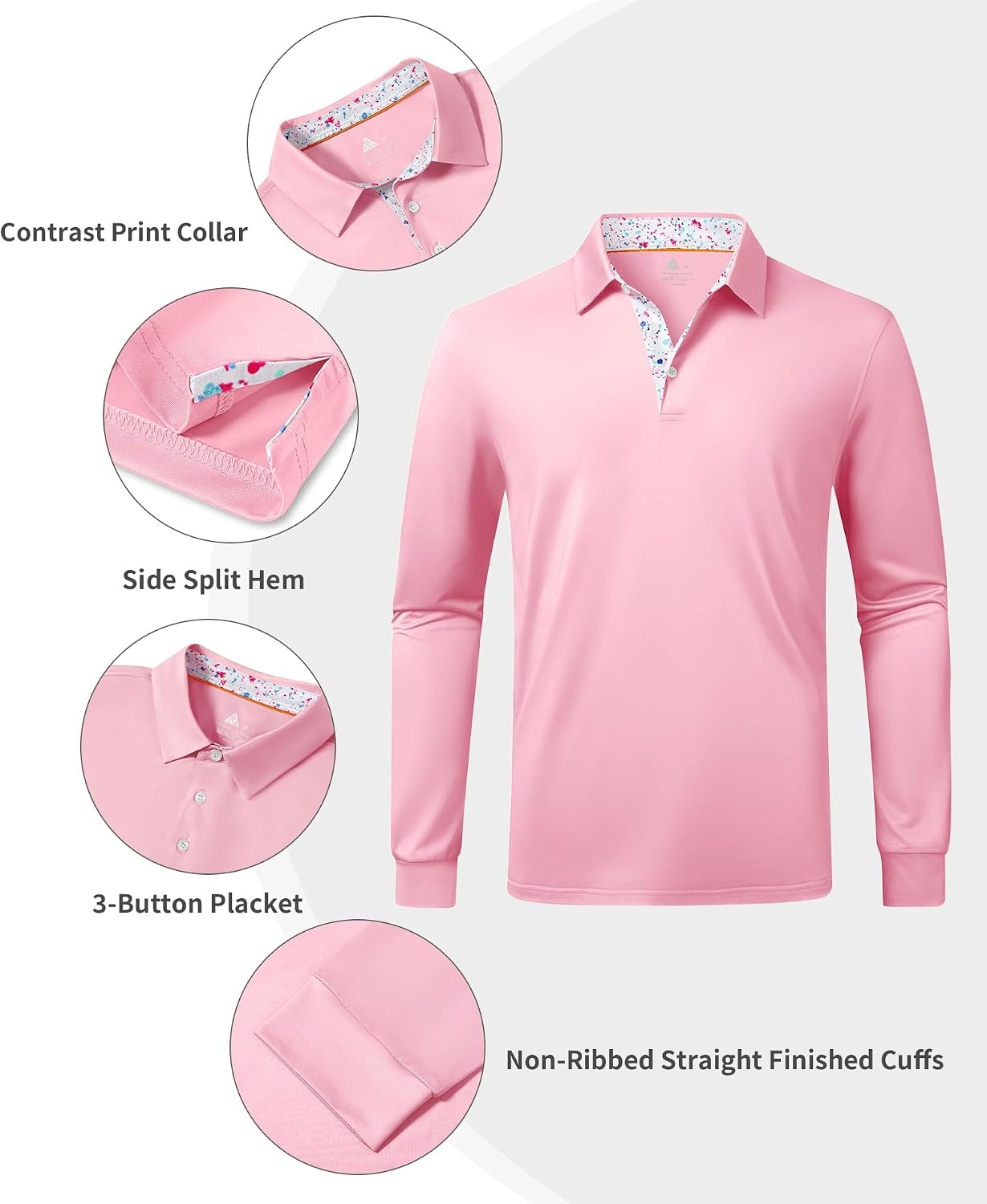 image:imageZITY Mens Long Sleeve Golf Shirts Performance Print Collared Polo ShirtLight Pink
