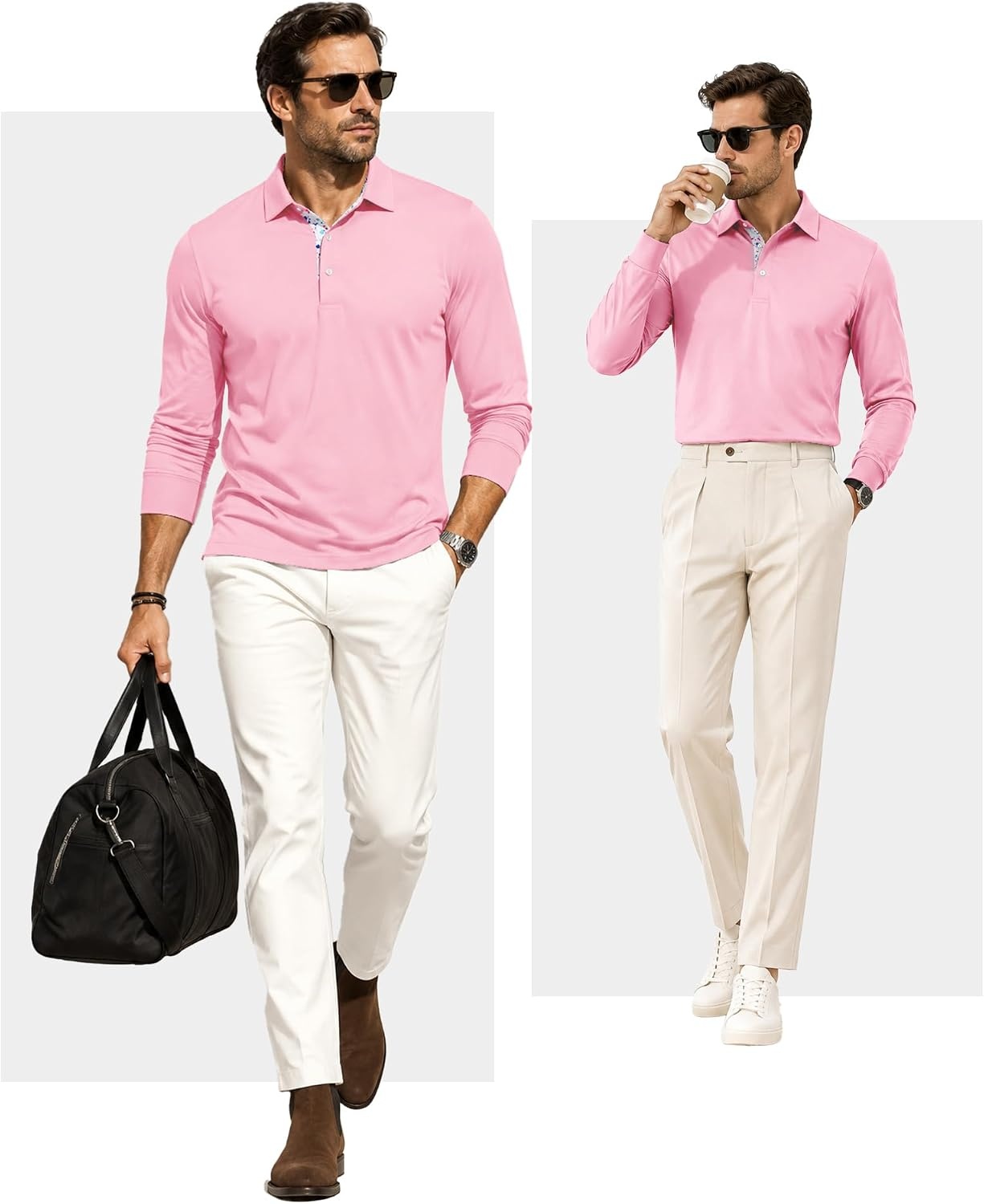 image:imageZITY Mens Long Sleeve Golf Shirts Performance Print Collared Polo ShirtLight Pink