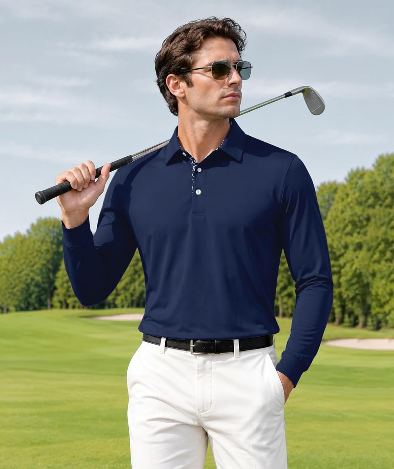 image:imageZITY Mens Long Sleeve Golf Shirts Performance Print Collared Polo ShirtNavy