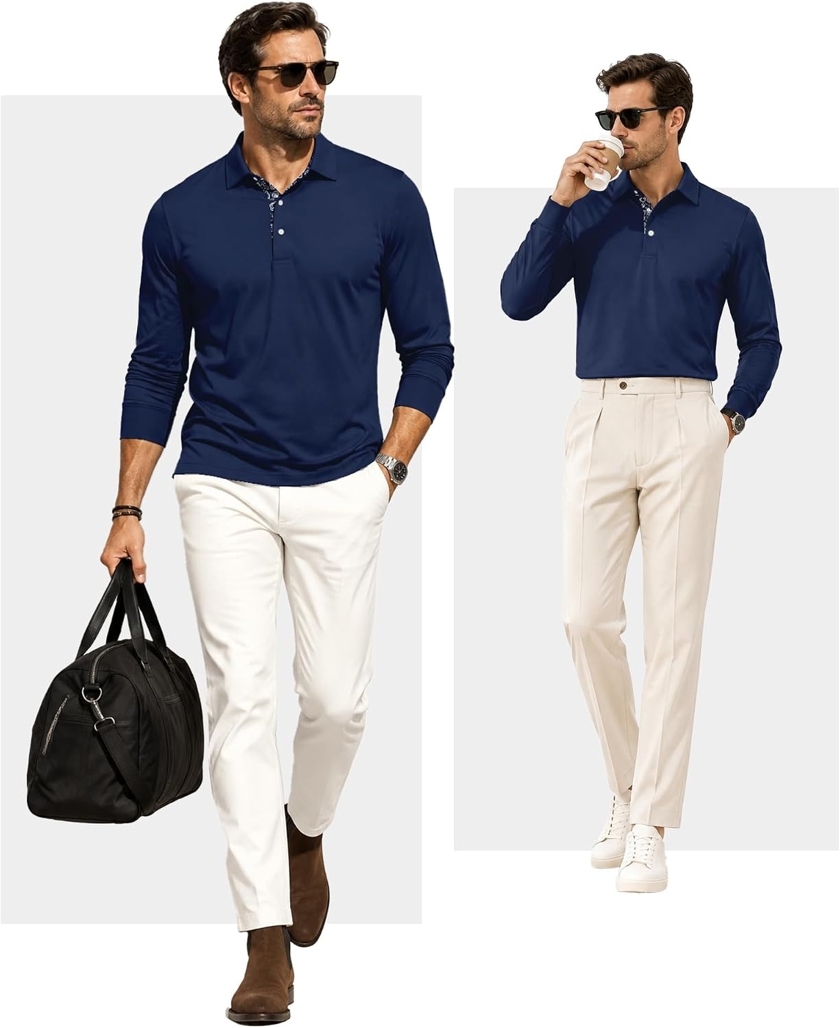 image:imageZITY Mens Long Sleeve Golf Shirts Performance Print Collared Polo ShirtNavy