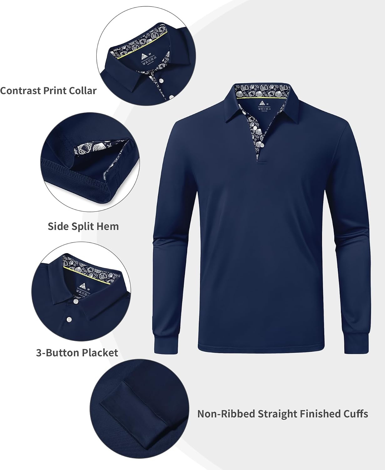image:imageZITY Mens Long Sleeve Golf Shirts Performance Print Collared Polo ShirtNavy