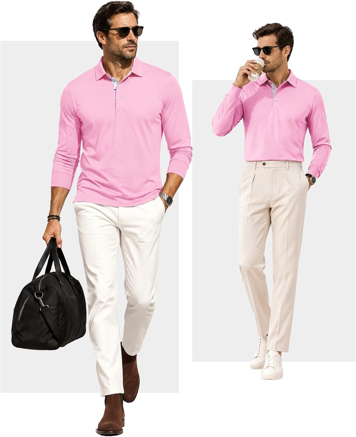 image:imageZITY Mens Long Sleeve Golf Shirts Performance Print Collared Polo ShirtPink